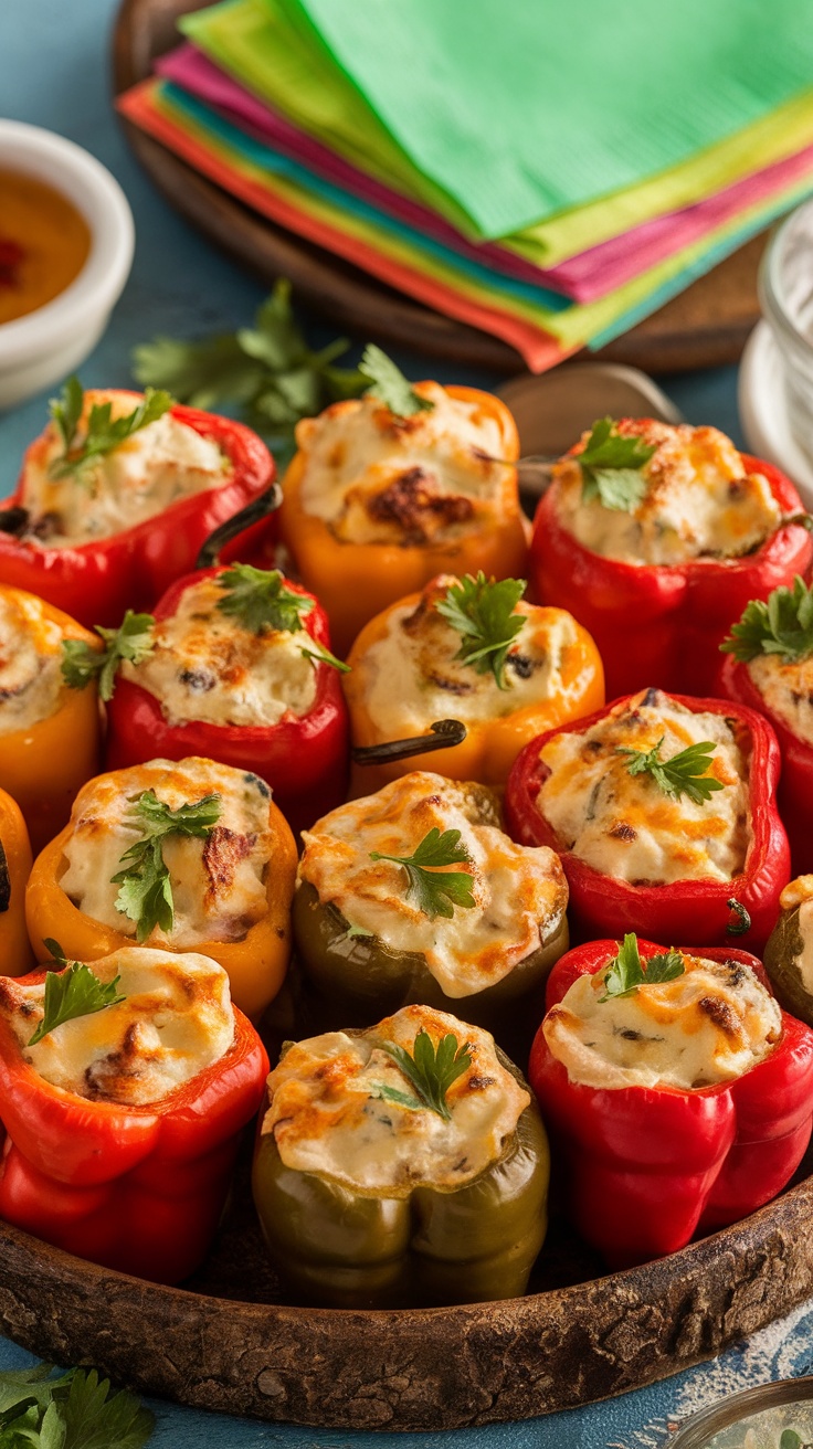 Savory Mini Stuffed Peppers Recipe A platter of baked mini stuffed peppers filled with cheese, garnished with parsley, on a wooden tray.